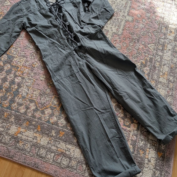 BNWT Zara Amelia Jumpsuit Slate Grey Lace Up Front Boilersuit Med Cotton Linen - Picture 8 of 14